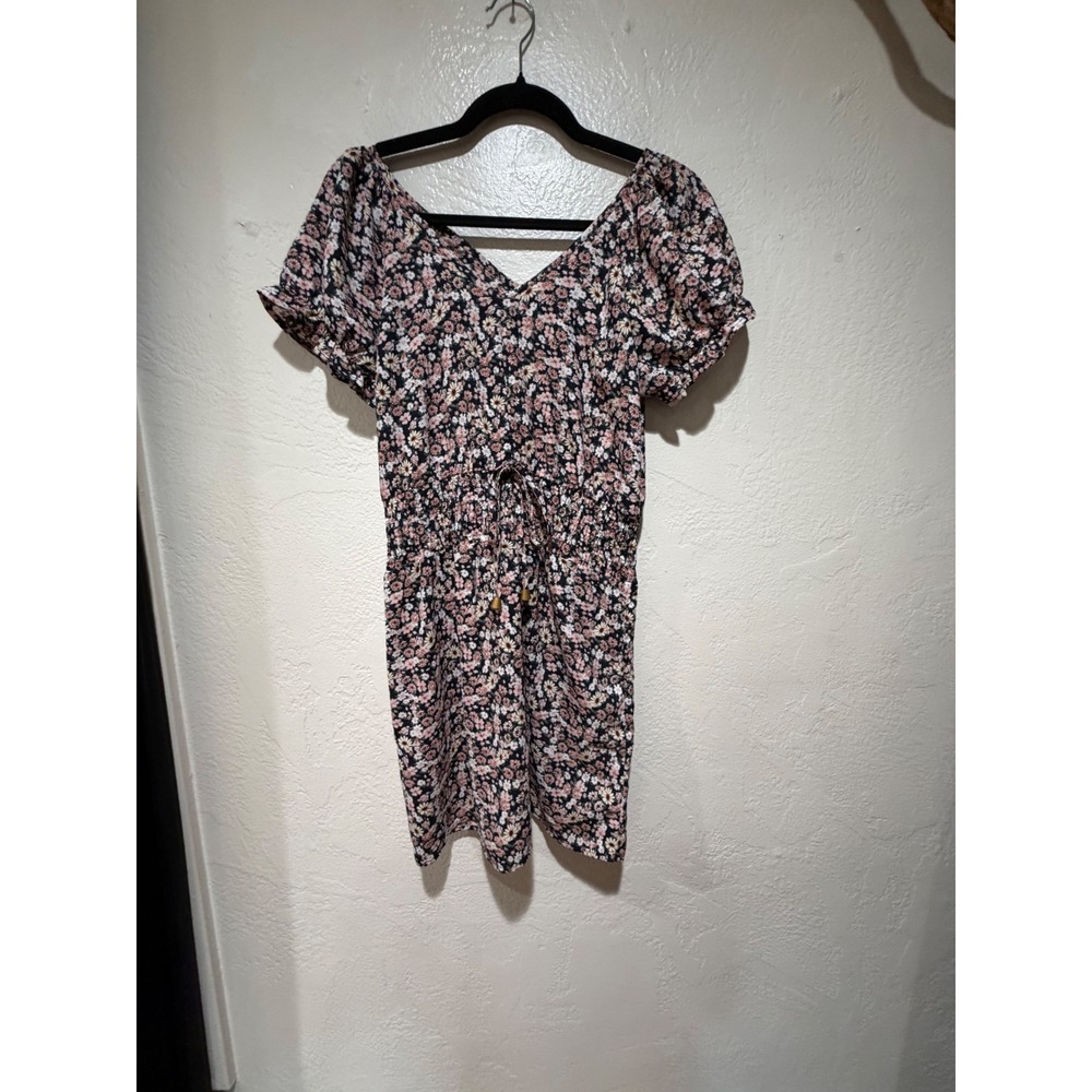 Hint of Blush Floral Short Puff Sleeve Romper V-Neck Drawstring Waist Navy Small